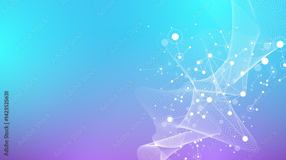 Poster Digits abstract background with connected line and dots, wave flow. Digital neural networks. Network and connection background for your presentation. Graphic polygonal background, illustration