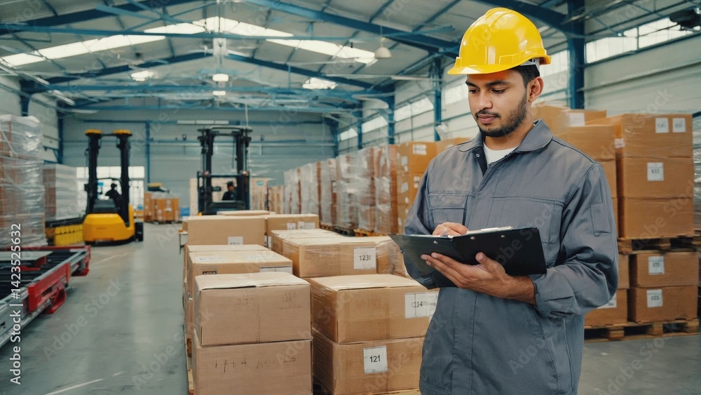 Poster a worker in an industrial setting using a tablet computer for inventory management or to track suppl