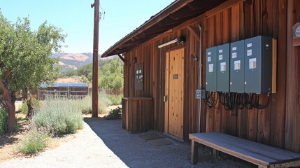 Fototapeta premium Power inverter and cabling system next to solar power setup