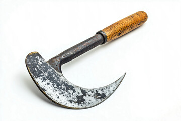 Old, rusty sickle with a wooden handle, symbolizing manual labor and agricultural work on Labor Day.
