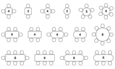 seat plan, chairs and tables symbol, scheme architectural plan for office, home, restaurant, customizable stroke, vector