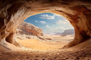 Sunlit desert canyon view from cave entrance with sand and sky