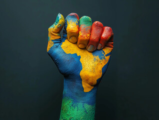 A raised fist with colorful paint representing Africa, symbolizing global labor unity and strength on Labor Day.