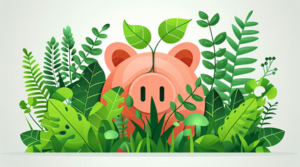Flat Design Financial Growth with Green Plants Sprouting from Piggy Bank on White Background