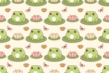 Seamless kawaii frog pattern with lily pads, lotus flowers and dragonflies in pastel green and pink
