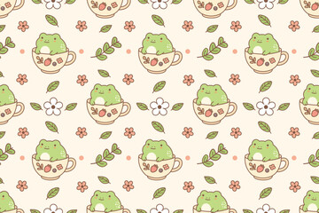 Seamless kawaii pattern with cute green frogs sitting in teacups with leaves and flowers in soft pastel tones