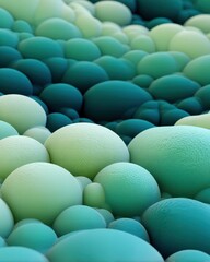 Obraz premium Textured spheres in a gradient of blues and greens create a soothing, organic background with a three-dimensional, cell-like appearance.