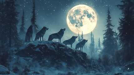 Wolves howl at the moon in a snowy winter forest