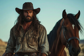 The ruggedly handsome man, with long, flowing hair, a thick beard, and an old, worn hat, exuded a sense of adventure and charm.