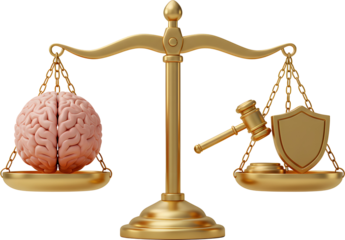 The image shows a balance scale, with a human brain on one side and a shield with a gavel on the other. 