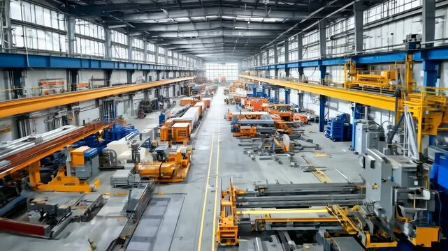 Wide-angle shot of a large, modern factory interior, showcasing machinery and equipment, resembling a video game industrial setting.