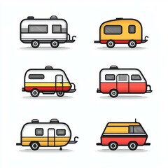 Various vintage campers and trailers arranged in a colorful design showcasing recreational vehicles
