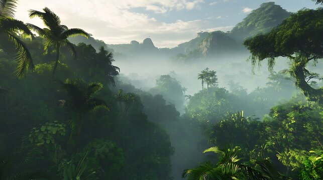 wildlife lush rainforest with mist covered trees and exotic A