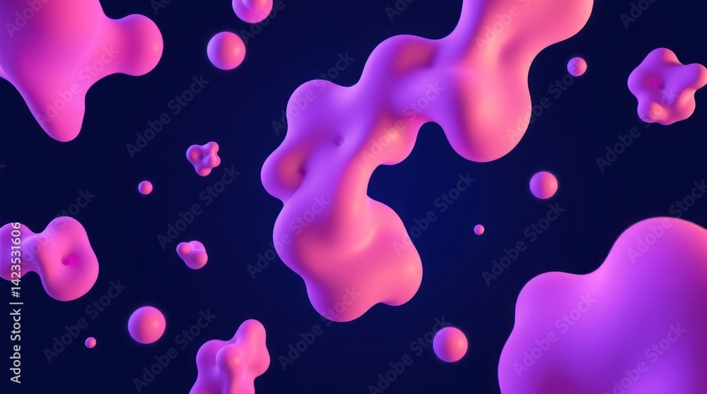 Poster abstract pink blobs float on a dark blue background, showcasing organic shapes and vibrant color con