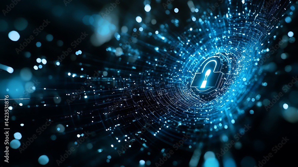 Poster lock symbol surrounded by glowing data stream for cyber security concept