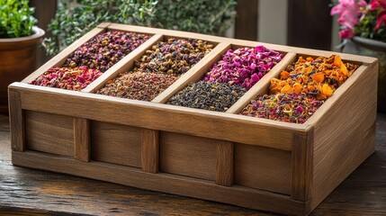 A beautifully arranged wooden spice box showcasing an array of vibrant dried flowers and herbs for culinary and decorative use