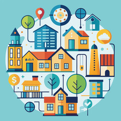 Naklejka premium Smart City Neighborhood Connected Homes and Buildings Illustration