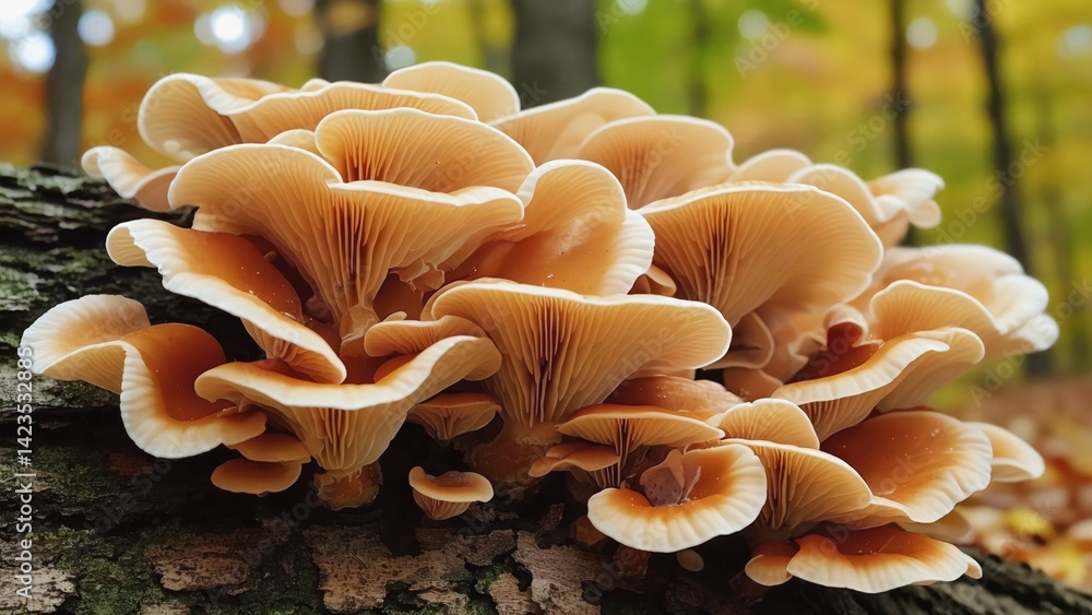 Poster this image features a group of mushrooms growing on the side of a tree trunk, set against a backdrop