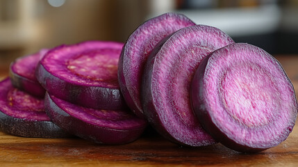 Purple beetroot slices arranged on wooden surface, fresh organic vegetable for healthy cooking and nutritional recipes