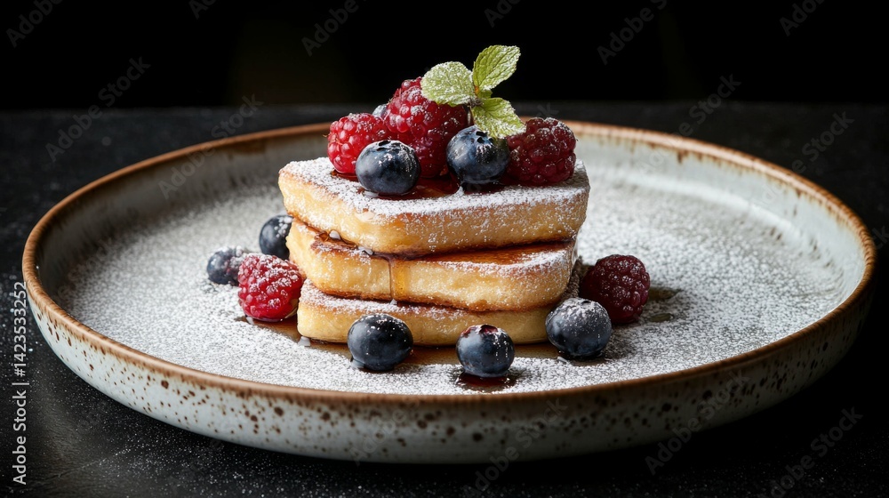 Poster A stack of French toast slices dusted with powdered sugar and topped with fresh berries and a drizzle of maple syrup, served on a rustic ceramic plate.