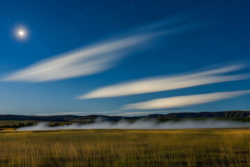Obraz premium Serene Night Landscape with Moon Over Foggy Meadow and Distant Mountains Under Starry Sky