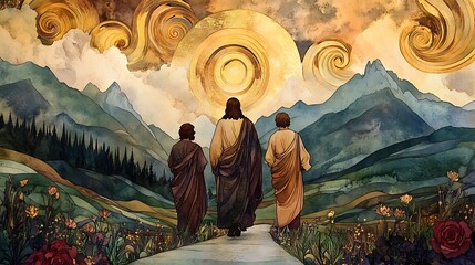 Jesus in center flanked by two disciples, walking the road to Emmaus in a tranquil Art Nouveau composition, valley behind them painted in swirling lines and floral elements,