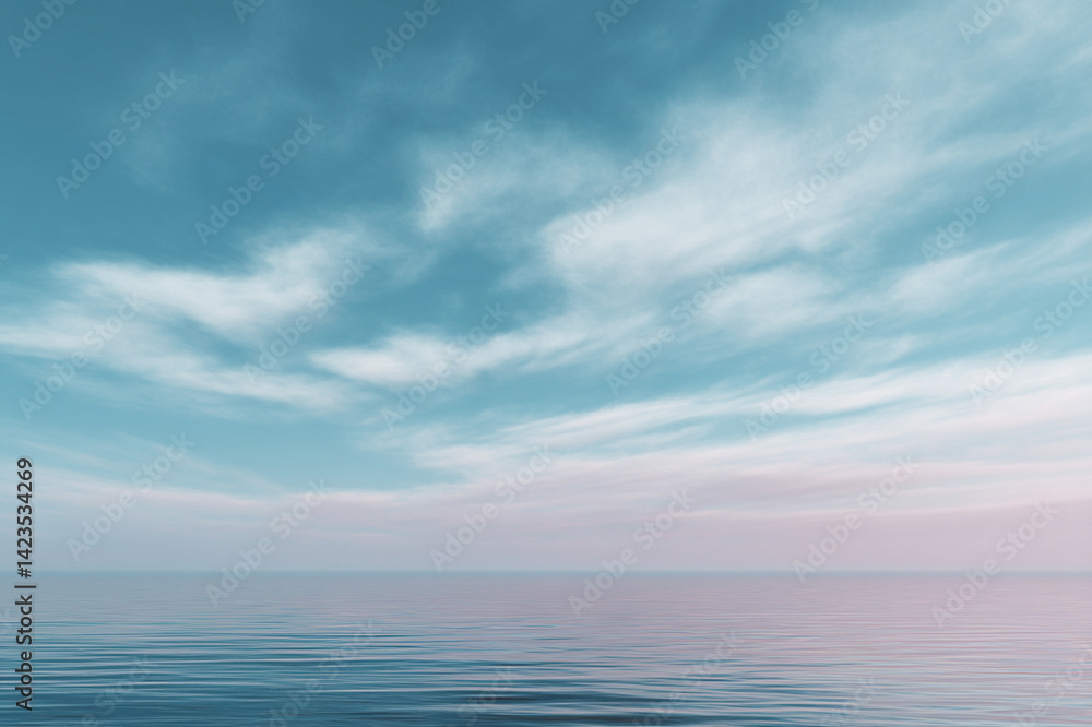 Poster serene sky with gentle clouds drifting over calm ocean, creating peaceful and tranquil atmosphere. s