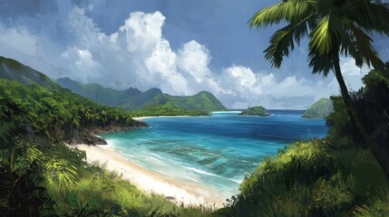 Azure blue lagoon surrounding a tropical paradise, white sand beaches, and vibrant green coconut palms.