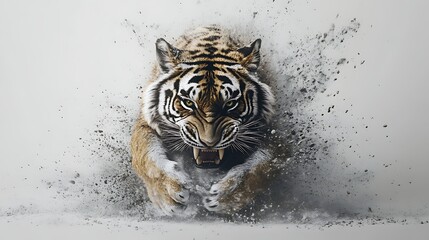 Roaring Tiger Running Wild with Aggression and Power on White Background