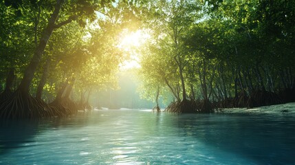 Obraz premium Forest river sunlight tranquil nature