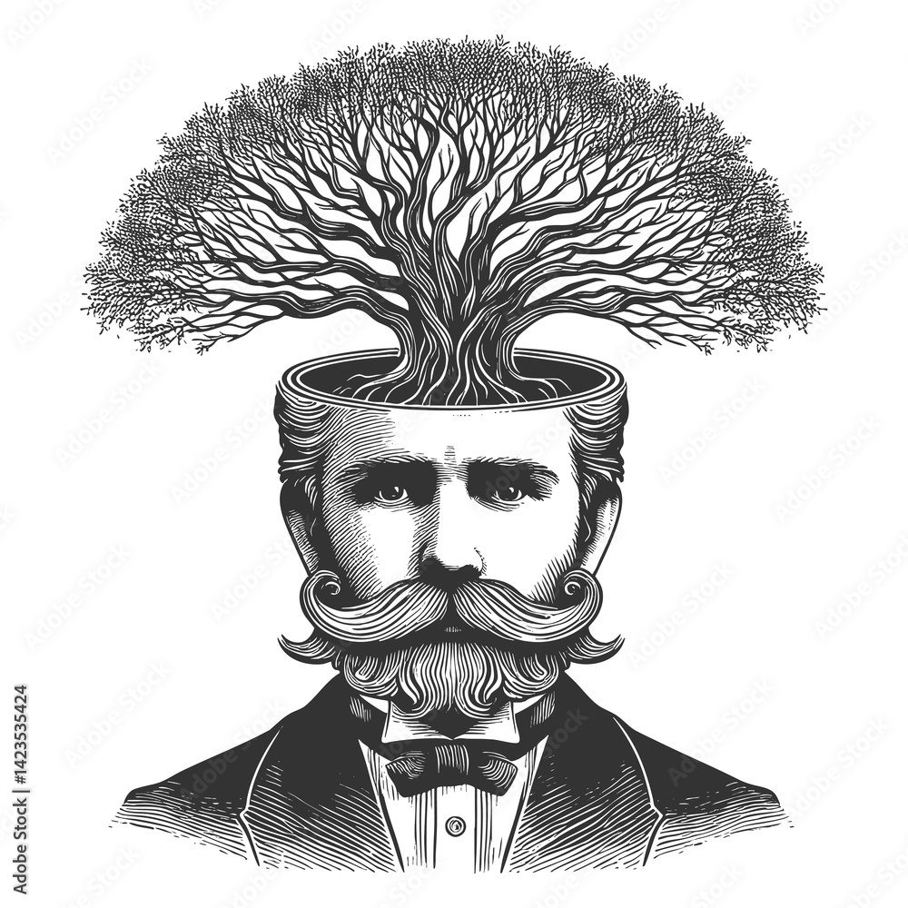 Poster man in a suit with a tree growing from his open head, symbolizing knowledge and growth sketch engrav