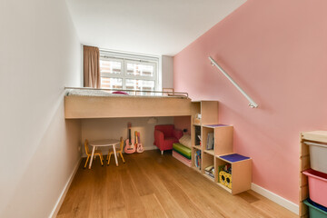 A bright and inviting children's room featuring playful elements like a bed nook, colorful storage,...