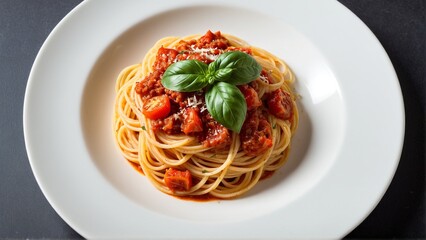 A Delicious Plate of Spaghetti: A Hearty Meal Featuring Rich Tomato Sauce and Garnished with Fresh Basil Leaves.