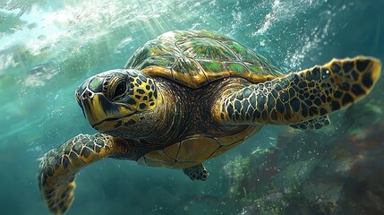 Fototapeta premium Green sea turtle gliding through the ocean depths.