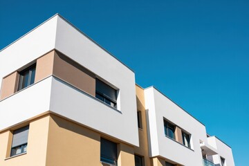 Modern Apartment Building Facade in the City. Stunning Architectural Design with Vibrant Colors. Contemporary Residential Complex. A Perfect Example of Urban Living.