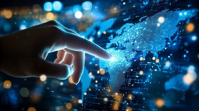Touching World Map on Digital Screen Representing Global Network Connection