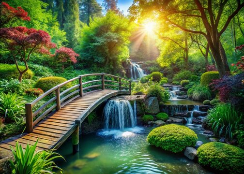 Serene Garden Waterfall Bridge - Tranquil Landscape Stock Photo