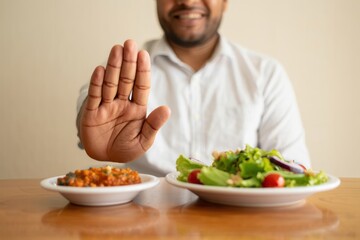 Refusal of Unhealthy Food in Favor of a Healthy Salad - Dietary Choice and Healthy Eating Habits