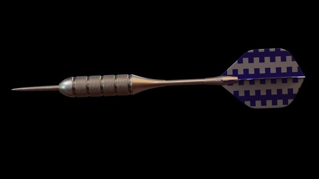 A single metal dart with a metallic flight flying through the air in slow motion on an isolated dark background. Alpha channel included.