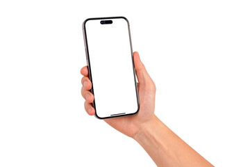 Hand showing smartphone with blank screen isolated. High quality studio shot. Concept for technology, business, finance and advertising.