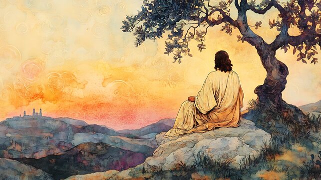 Jesus sitting on a stone beneath an olive tree on the Mount of Olives, gazing toward Jerusalem bathed in sunset light, robes flowing in elegant curves.