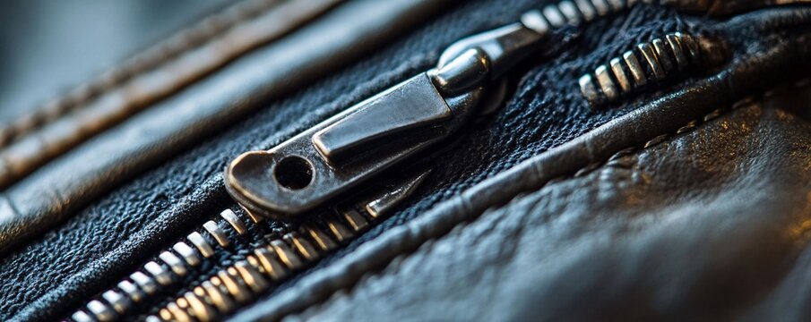 Close-up of zipper on black leather jacket showing detail