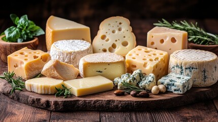 Assorted cheeses displayed on a wooden board.