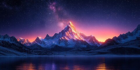 A breathtaking night view of the Swiss Alps with a starry sky and a glowing Milky Way. Highlight the mountain peaks with radiant, ethereal light to symbolize reaching the pinnacle of success generated