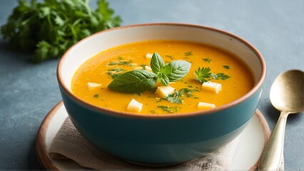 A vibrant bowl of homemade butternut squash soup, garnished with fresh basil and cheese cubes, resting elegantly on a rustic table.