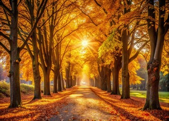 Serene Autumn Alleyway: Peaceful Park Pathway in Golden Fall Foliage
