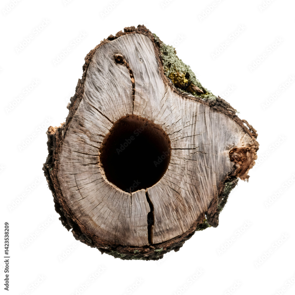 Poster top view of a decayed willow tree stump with a natural hole, isolated on a transparent background, p