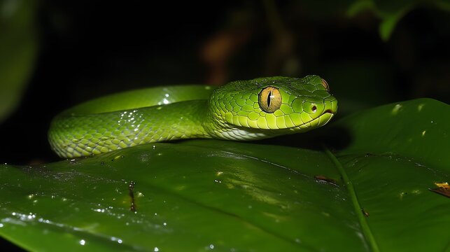 Green Pit Viper Resting on Leaf Close-up Wildlife Photography