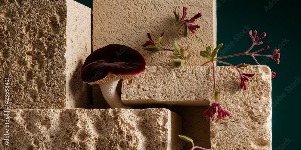 Poster Dark red mushroom on beige stone blocks with red flowers, creating a still life composition showcasing texture and color contrast