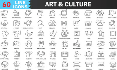 Art and culture line icons collection. Museum, history, buildings, music, entertainment icons. UI icon set. Thin outline icons set. Editable Vector Stroke, illustration EPS10